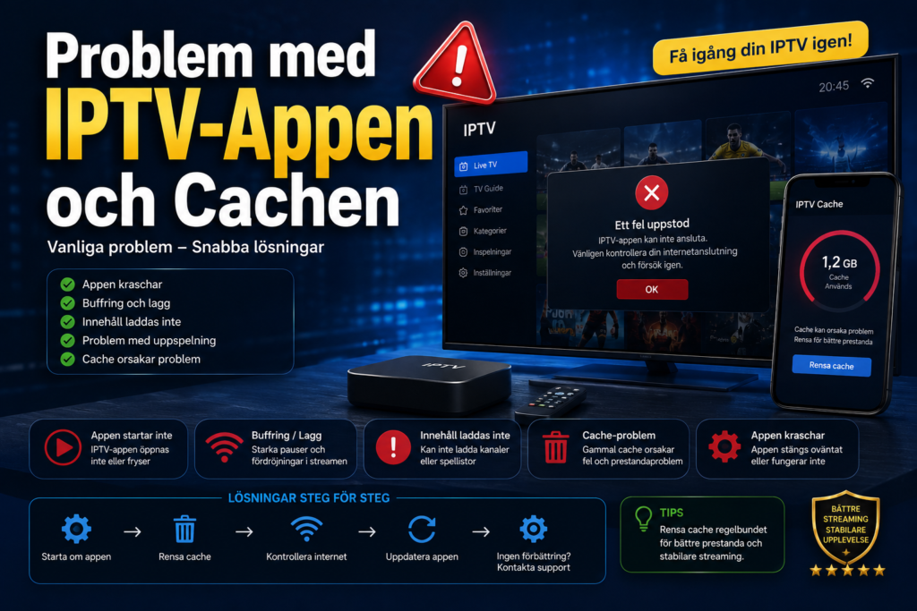 Problem med IPTV-appen och cachen på Smart TV med guide för att rensa cache, lösa appfel och förbättra streamingprestanda.