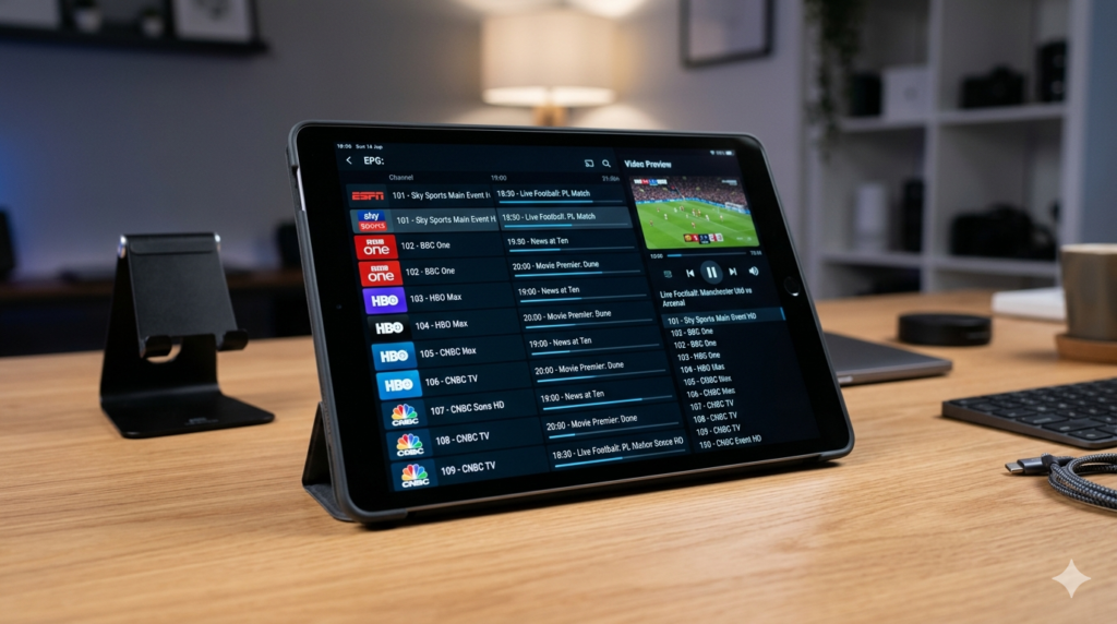 tivimate-anvandargranssnitt-pa-surfplatta-som-visar-basta-iptv-appar-och-mediaspelare